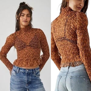 Free‎ People Hello There Top S Leopard Smocked Sheer Grunge Festival Y2K
